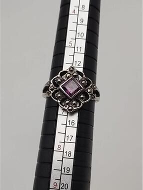 Sterling 925 Amethyst Marcasite Deco Ring Sz 6.25